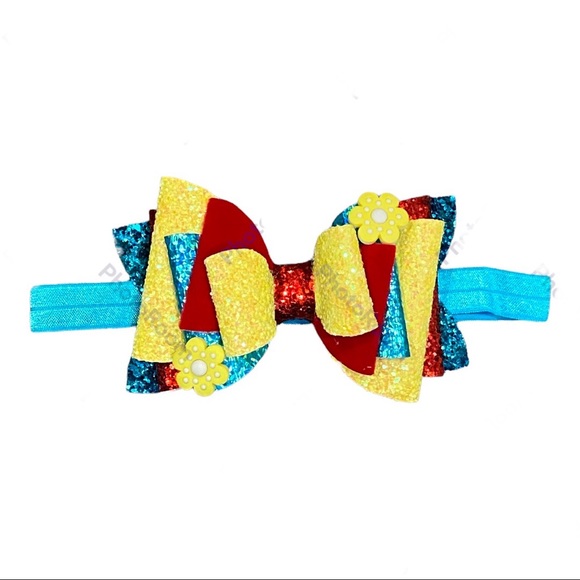 Sparkly bright Blue, Yellow and Red Headband Bow - Picture 2 of 4